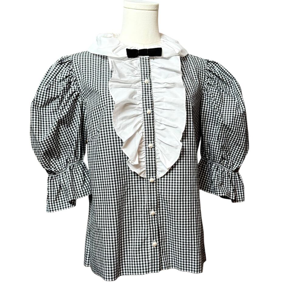 Batsheva Lou Blouse Size 10 Black /White Check Taffeta 3/4 Puffed Sleeves - Picture 5 of 13